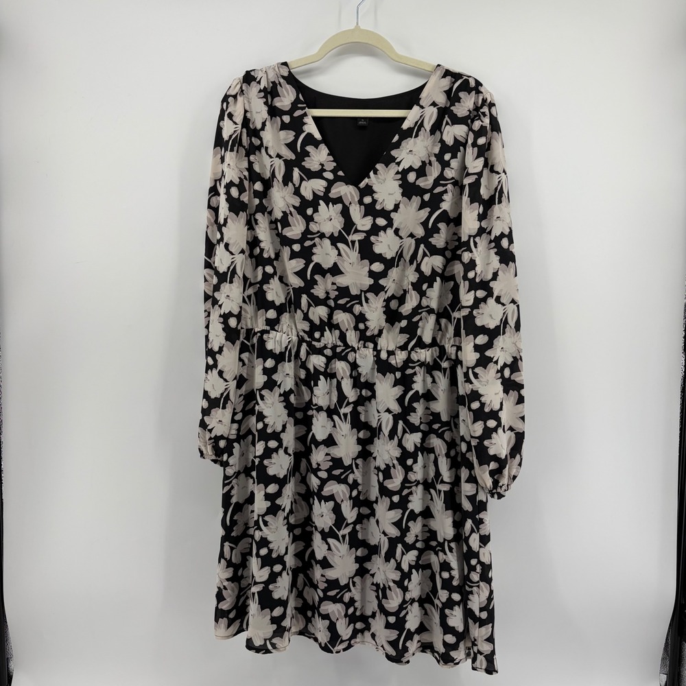 Ann Taylor Factory Womens XL Black Floral V-Neck Long Sleeve Elastic Waist Dress